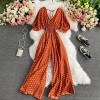 Polka Dot Romper Women V-Neck Puff Short Sleeve High Waist Jumpsuit Loose Wide Leg Playsuits 