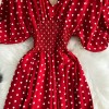 Polka Dot Romper Women V-Neck Puff Short Sleeve High Waist Jumpsuit Loose Wide Leg Playsuits 