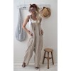 Women Loose Linen Solid Pockets Jumpsuit Overalls Wide Leg Cropped Pants 