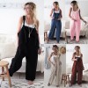 Women Loose Linen Solid Pockets Jumpsuit Overalls Wide Leg Cropped Pants 