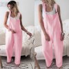 Women Loose Linen Solid Pockets Jumpsuit Overalls Wide Leg Cropped Pants 