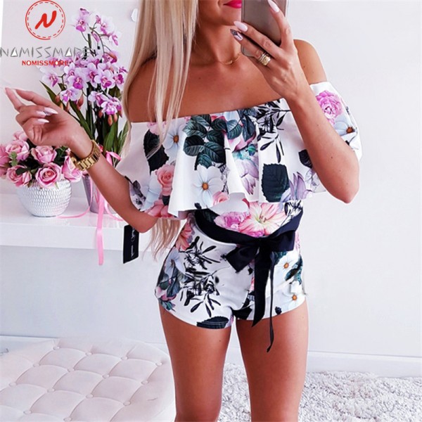 Women Playsuits  Patchwork Design One Neck Off Shoulder Short Sleeve Print Slim Jumpsuits