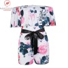 Women Playsuits  Patchwork Design One Neck Off Shoulder Short Sleeve Print Slim Jumpsuits