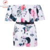 Women Playsuits  Patchwork Design One Neck Off Shoulder Short Sleeve Print Slim Jumpsuits