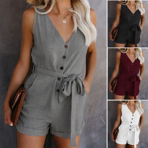 Women Clothes Off Shoulder Belted Tunic Playsuit Solid Casual V-neck Short Jumpsuit 