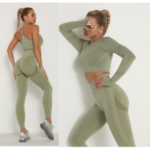 Seamless Women Sport Set Long Sleeve Top High Waist Belly Control Leggings Clothes 