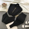 Women Zipper Knitted Cardigans Sweaters + Pants Sets + Vest Jumpers Trousers 2 PCS Outfit