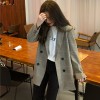 Office Notched Collar Plaid Women Blazer Double Breasted Jacket Casual Pockets Suits Coat