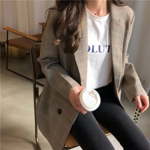 Office Notched Collar Plaid Women Blazer Double Breasted Jacket Casual Pockets Suits Coat