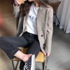 Office Notched Collar Plaid Women Blazer Double Breasted Jacket Casual Pockets Suits Coat