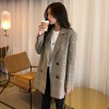 Office Notched Collar Plaid Women Blazer Double Breasted Jacket Casual Pockets Suits Coat