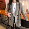 Office Notched Collar Plaid Women Blazer Double Breasted Jacket Casual Pockets Suits Coat