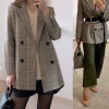 Office Notched Collar Plaid Women Blazer Double Breasted Jacket Casual Pockets Suits Coat