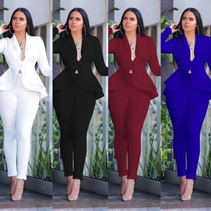 New Women Tracksuit Full Sleeve Ruffles Blazers Pants Two Piece Set Office Lady Outfits 