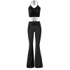 Y2K Streetwear Bandage Drawstring Halter Top High Waist Flare Pants 2 Piece Set