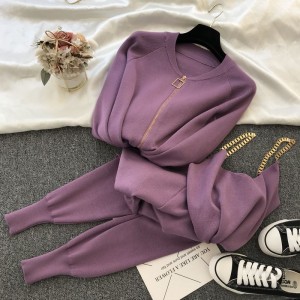 Knitted Women Solid Vest Long Sleeve Zipper Cardigans Elastic Waist Pants 3pcs Sets Tracksuits 