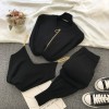 Knitted Women Solid Vest Long Sleeve Zipper Cardigans Elastic Waist Pants 3pcs Sets Tracksuits 