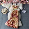 Bohemian 2pcs Set Women Floral Printed Short Strapless Tops High Waist Long Skirt 
