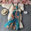 Bohemian 2pcs Set Women Floral Printed Short Strapless Tops High Waist Long Skirt 