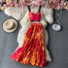 Bohemian 2pcs Set Women Floral Printed Short Strapless Tops High Waist Long Skirt 