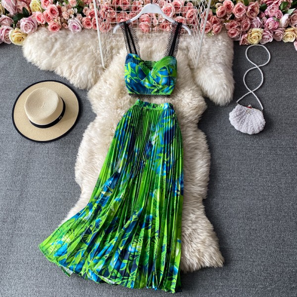 Bohemian 2pcs Set Women Floral Printed Short Strapless Tops High Waist Long Skirt 