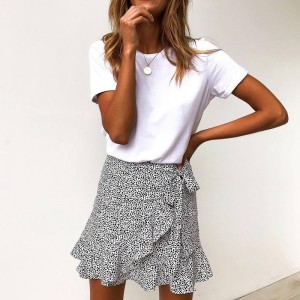 Multi Dot Print Short Mini Skirts Women Ruffle High Waist Bow Tie Skirt Streetwear 