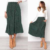 Dots Floral Print Pleated Midi Skirt Women Elastic High Waist Side Pockets Skirts 