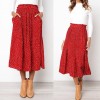 Dots Floral Print Pleated Midi Skirt Women Elastic High Waist Side Pockets Skirts 