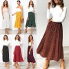 Dots Floral Print Pleated Midi Skirt Women Elastic High Waist Side Pockets Skirts 