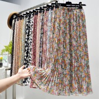 Womens New Vintage Print Chiffon Pleated Skirt Elastic High Waist Skirt Women Clothes 