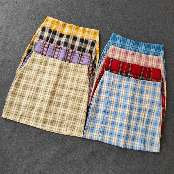 Summer Plaid Pencil Skirts Womens High Waist Mini Skirts Lining Shorts 