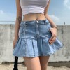 Y2K Denim Mini Pleated Skirt Women Ruffles High Waist Jeans Skirts 