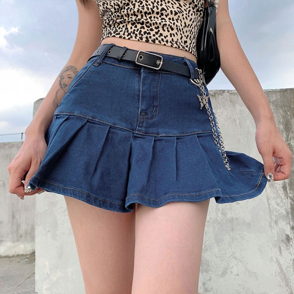 Y2K Denim Mini Pleated Skirt Women Ruffles High Waist Jeans Skirts 