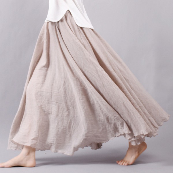 Women Linen Cotton Long Skirts Elastic Waist Pleated Maxi Skirts Beach Boho Vintage Skirts 