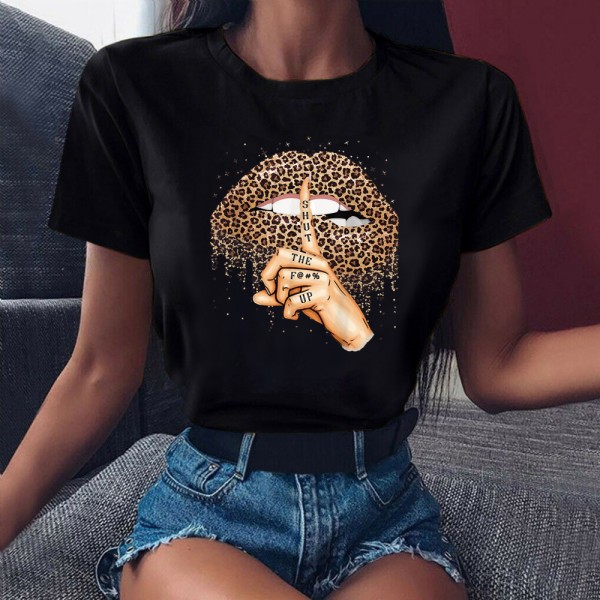 Lips Leopard Graphic T Shirt Tops Base O-neckBlack Tees Kiss Leopard Lip Funny Tshirt