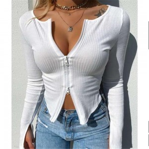 Women T-shirt Clothes Knitted Long Sleeve Crop Tops Zipper Design Tee Slim Tops