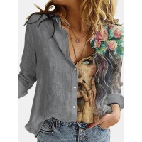 Turn Down Collar Long Sleeve Blouse Women Shirts Print Office Button Shirt Tops