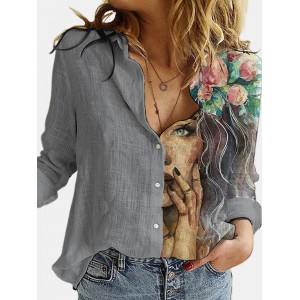 Turn Down Collar Long Sleeve Blouse Women Shirts Print Office Button Shirt Tops