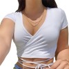 Solid V Neck T Shirts Women Short Sleeve Short Tops Crop Tops Shirts 