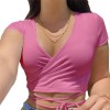 Solid V Neck T Shirts Women Short Sleeve Short Tops Crop Tops Shirts 