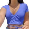 Solid V Neck T Shirts Women Short Sleeve Short Tops Crop Tops Shirts 