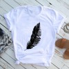 Women Casual T-shirt Feather Print Loose O-neck Short Sleeve Elastic Stretched New Tee Shirt