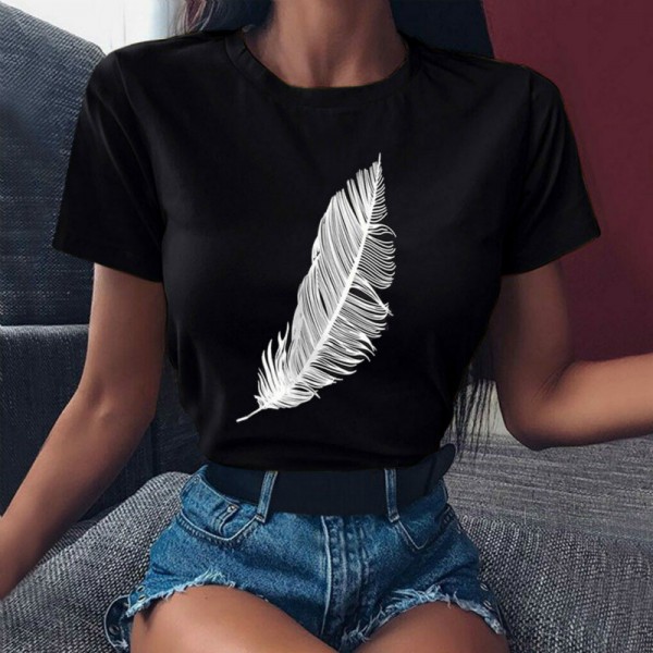 Women Casual T-shirt Feather Print Loose O-neck Short Sleeve Elastic Stretched New Tee Shirt