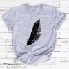 Women Casual T-shirt Feather Print Loose O-neck Short Sleeve Elastic Stretched New Tee Shirt