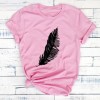 Women Casual T-shirt Feather Print Loose O-neck Short Sleeve Elastic Stretched New Tee Shirt