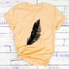 Women Casual T-shirt Feather Print Loose O-neck Short Sleeve Elastic Stretched New Tee Shirt