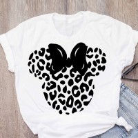 Women T-shirt Cartoon Leopard Bow T-shirt Short Sleeve Print Tops Graphic T-shirt