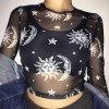 Women Sexy  Mesh Tops Long Sleeve T Shirt Transparent Sun Moon Star Print T-shirt 