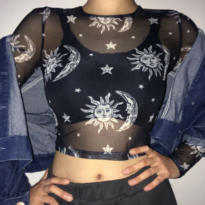 Women Sexy  Mesh Tops Long Sleeve T Shirt Transparent Sun Moon Star Print T-shirt 