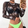 Women Sexy  Mesh Tops Long Sleeve T Shirt Transparent Sun Moon Star Print T-shirt 